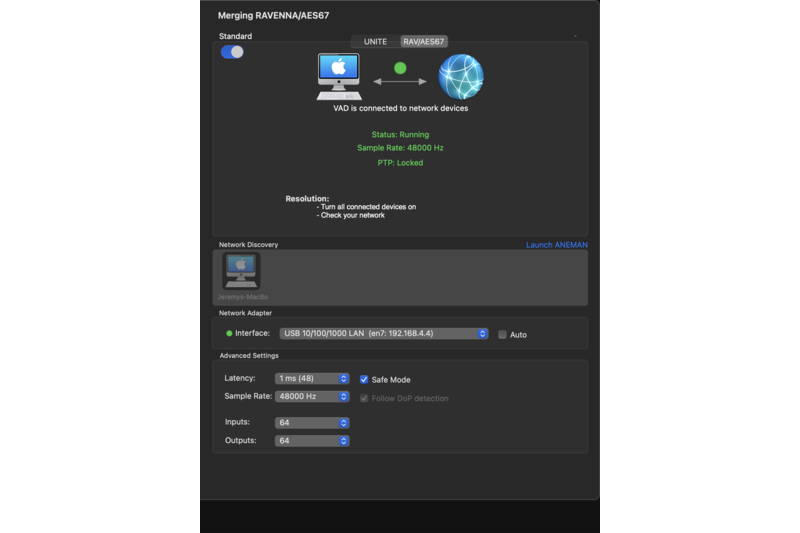 VAD Standard AoIP Driver Main Settings 48kHz 64io Screenshot