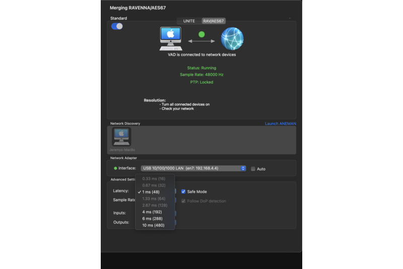 VAD Standard AoIP Driver Main Settings Available Latencies Screenshot