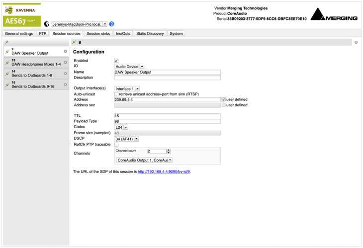 VAD Standard AoIP Driver Web Settings Sources Screenshot
