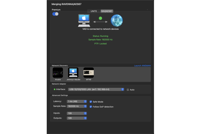 VAD Premium AoIP Driver Main Settings 192kHz 128io Screenshot