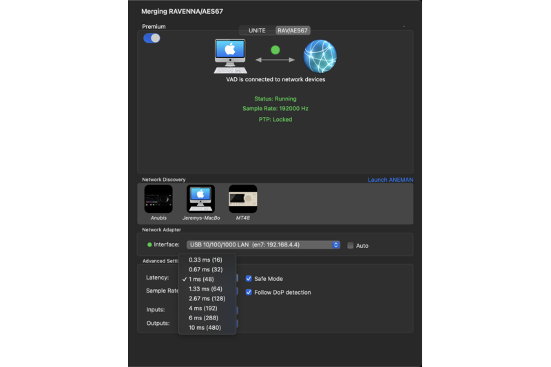 VAD Premium AoIP Driver Main Settings Available Latencies Screenshot