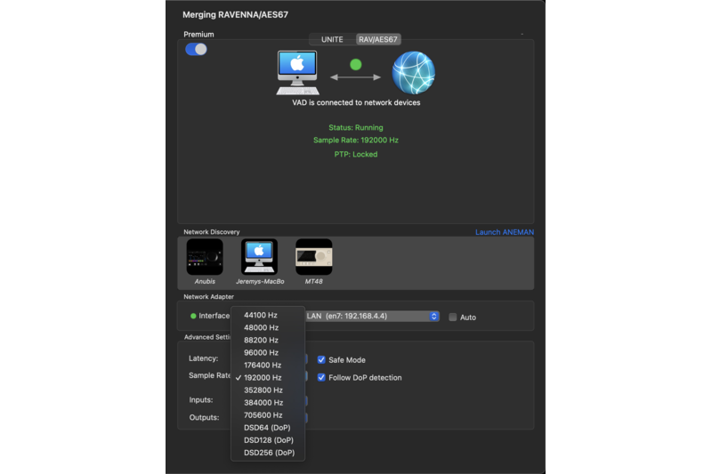 VAD Premium AoIP Driver Main Settings Available Sample Rates Screenshot