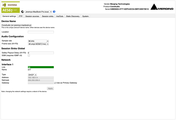 VAD Premium AoIP Driver Web Settings Main Page Screenshot