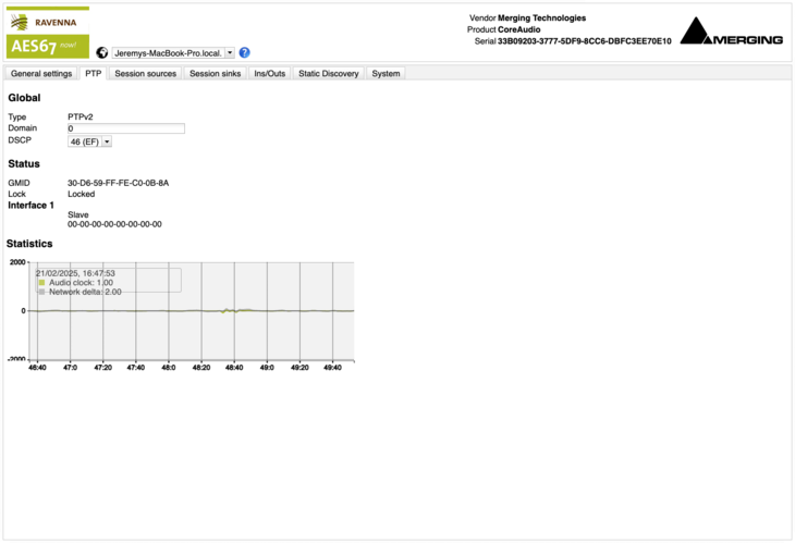 VAD Premium AoIP Driver Web Settings PTP Screenshot