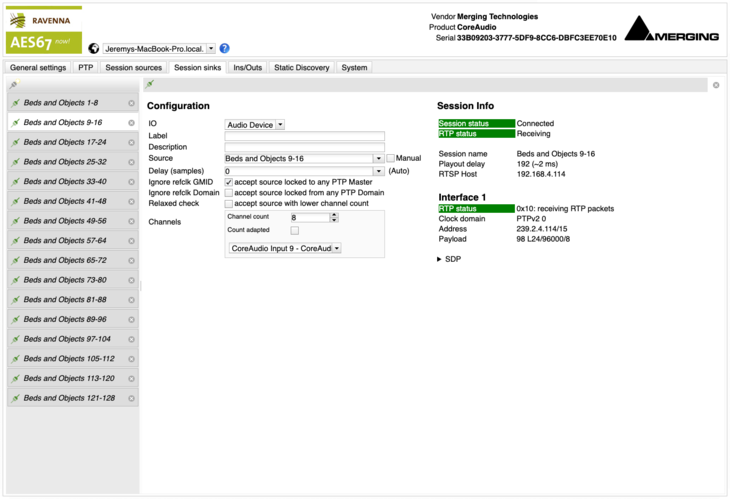 VAD Premium AoIP Driver Web Settings Sinks Screenshot
